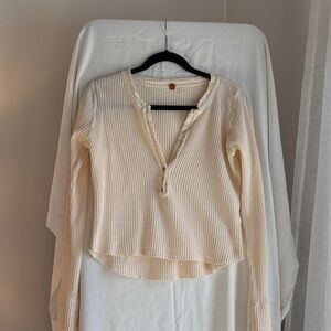 Free People Ivory Waffle Knit Long Sleeve Top